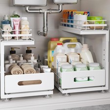 2-Tier Under Sink Organizer, Pull Out Cabinet Storage, White, 2 Pack