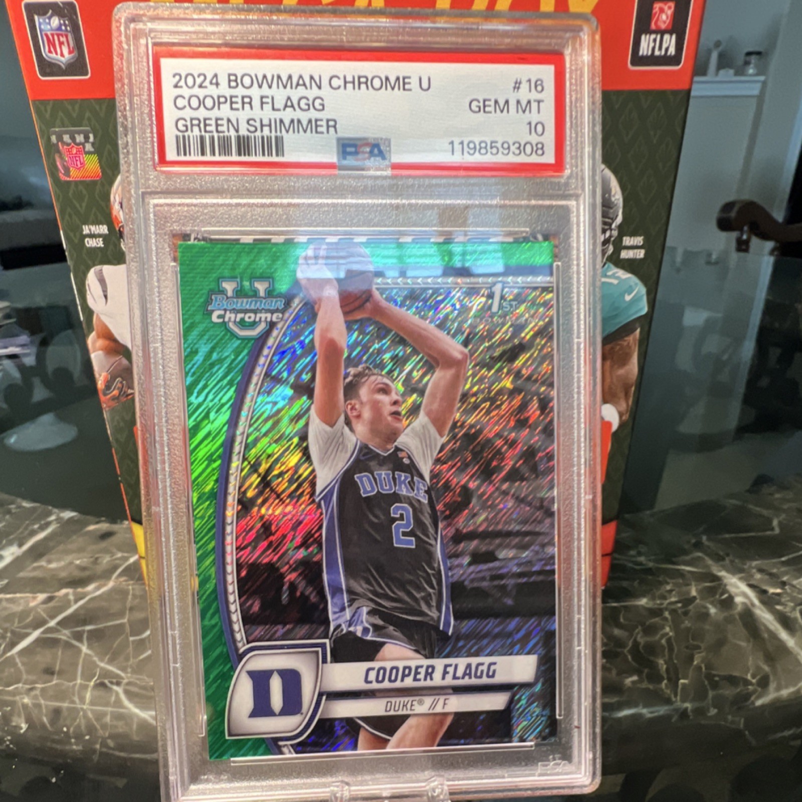 Bowman 2024 Chrome U Cooper Flagg #16 Green Shimmer PSA 10 Duke