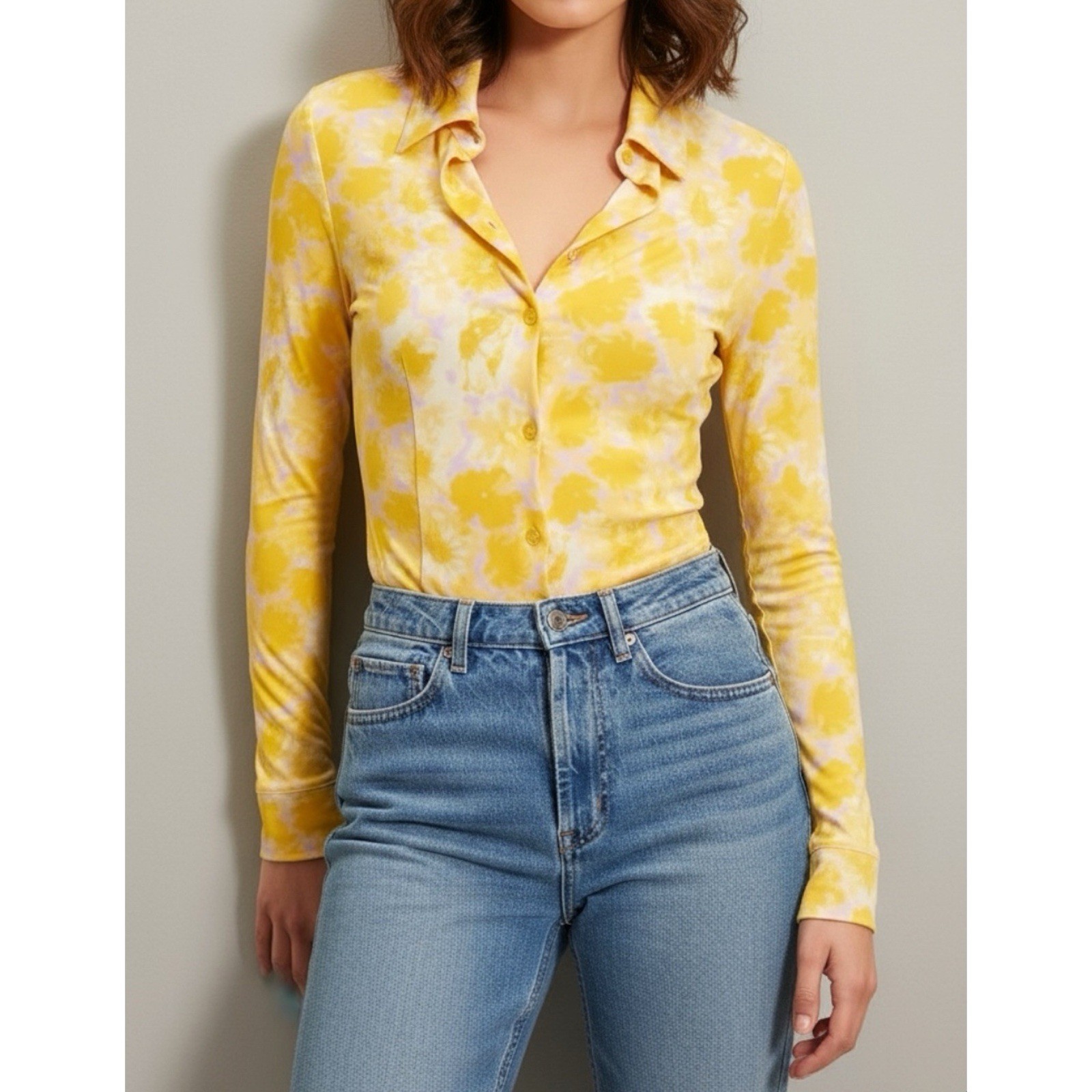 NWT ROUJE PARIS Palmyra Long Sleeve Shirt, Yellow Watercolor Peony, FR44/US12