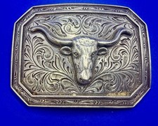 Longhorn Cow Bull Head Steer Swirl Ornate Silver Tone Western Cowboy Belt Buckle
