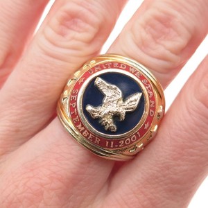 Authentic Franklin Mint 925 Sterling Silver Gold Plated Vintage Enamel 9/11 Ring Size 10