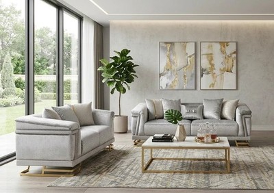 NEW 2PC Gray Gold Sofa Loveseat Velvet Contemporary Modern Glam Living Room Set