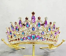 Purple Crystal Tiara, Gold comb tiara, vintage gold crown, Prom hair jewelry