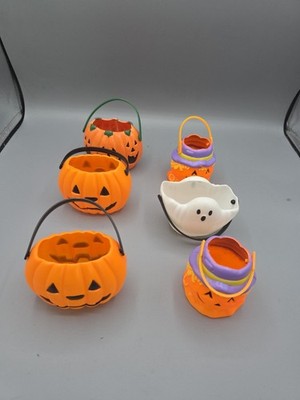 Vintage Mini Halloween Pumpkin Ghost Scarecrow Candy Buckets With Handles