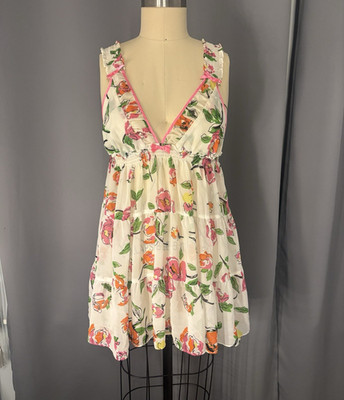 Betsey Johnson Intimates Floral Chiffon Babydoll Chemise V-Neck Ruffle Bow M
