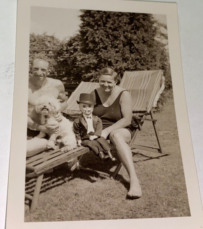 Rare Antique Vintage Ventriloquist Dummy Doll & Dog & Couple Snapshot Photo! US!