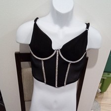 Black Sheer Mesh Corset Silver Glitter Trim Hook Eye