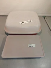 Tupperware Large Meat Marinade Container Set (2) Paprika Red #1292 #1294 w/Lids