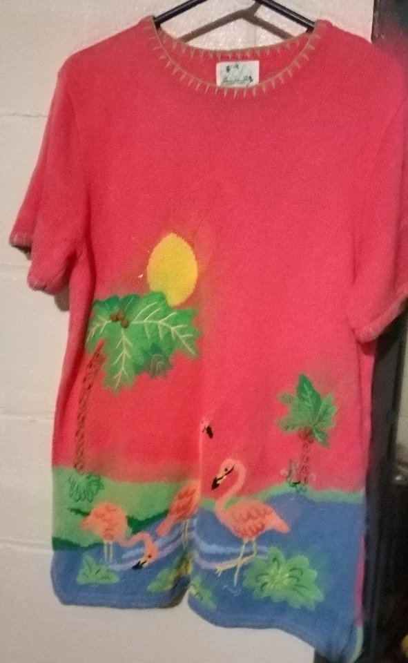 Vtg Quacker Factory Flamingo Tunic SS Sweater Pink Knit Palm Tree APPLIQUE Beads - Image 4 of 4
