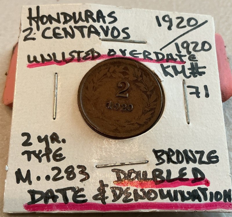 Honduras 1920/1920 2 Centavos Unlisted Overdate & Denomination Higher Grade!
