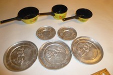 Vintage Children's Aluminum Toy Kitchen Cookware 3 yellow pots 5 plates kitten