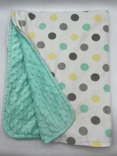 Cuddle Time Baby Blanket Green Gray Yellow Minky Polka Dots 30x38 Lovey