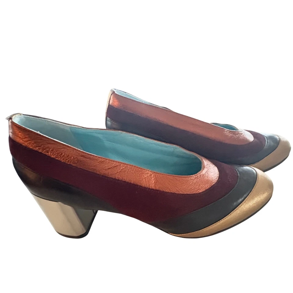 $500 THIERRY RABOTIN Michi Colorblock ретро блочные каблуки кожа металл EU37/US6.5 - Изображение 2 из 4