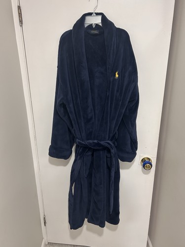 Polo Ralph Lauren Men's Navy Blue Plush Cozy Robe Big Gold Pony Logo One Size