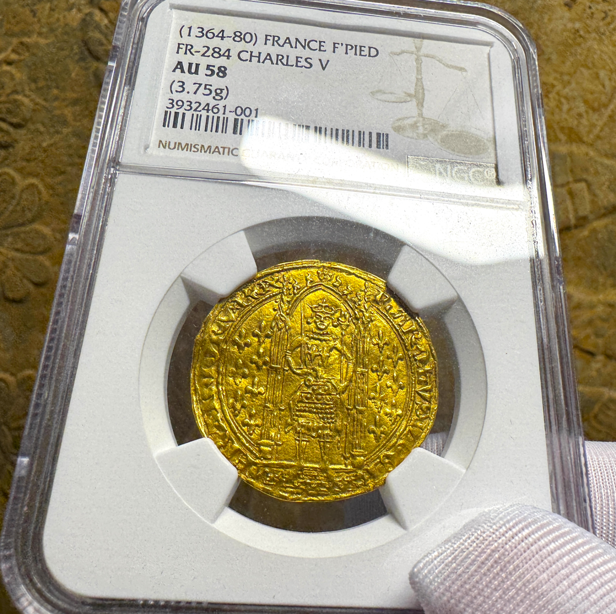 FRANCE F'PIED 1364-80 CHARLES V NGC AU 58 Franc à Pied PIRATE GOLD