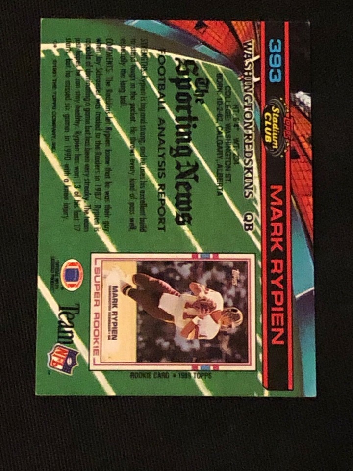 MARK RYPIEN 1991 TOPPS STADIUM CLUB SIGNED AUTOGRAPHED CARD #393 ...