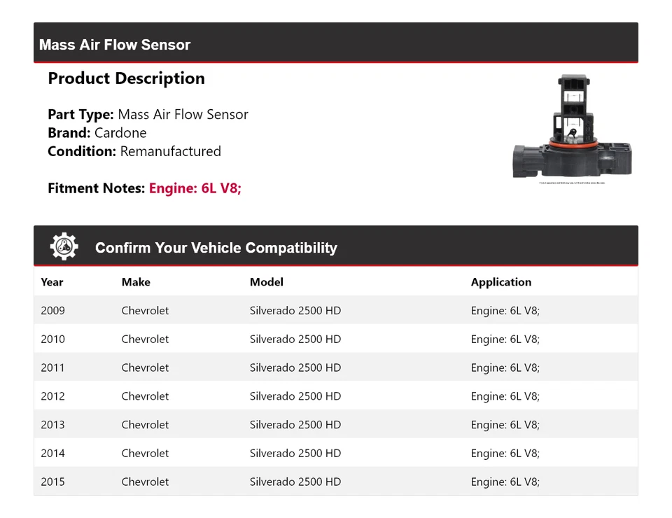 Sensor de fluxo de ar em massa Cardone para 2009-2015 Chevrolet Silverado 2500 HD 6L V8 - Imagem 2 de 4
