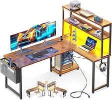 Gaming Desk with Power Outlets & LED Lights, 53 Inch Reversible L Shaped Compute