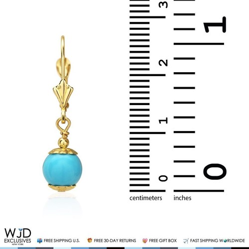 14K Solid Yellow Gold Turquoise Ball Leverback Dangle Earrings 7mm - 第 3/4 張圖片