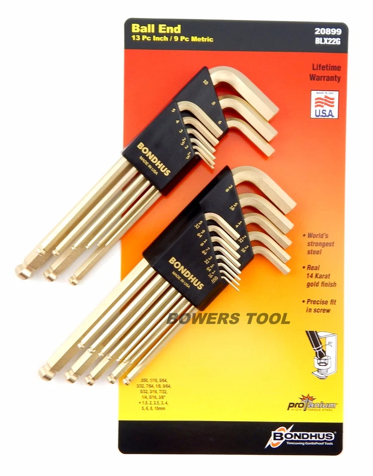 Bondhus 22pc GoldGuard Ball End Hex L Wrench Set Metric SAE Inch USA MADE 20899 - Image 2 of 4