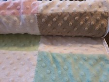 Just Born Pink White blu tan Patchwork Squares Minky Dot Baby Blanket Satin trim