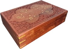 Large Mango Wood Engraved Box with Brass Inlays