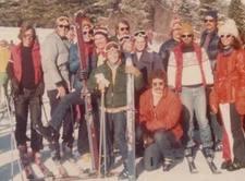 Group of Skiers Friends Portrait Gathered in Snowy Area Smiling 1980s Vintage