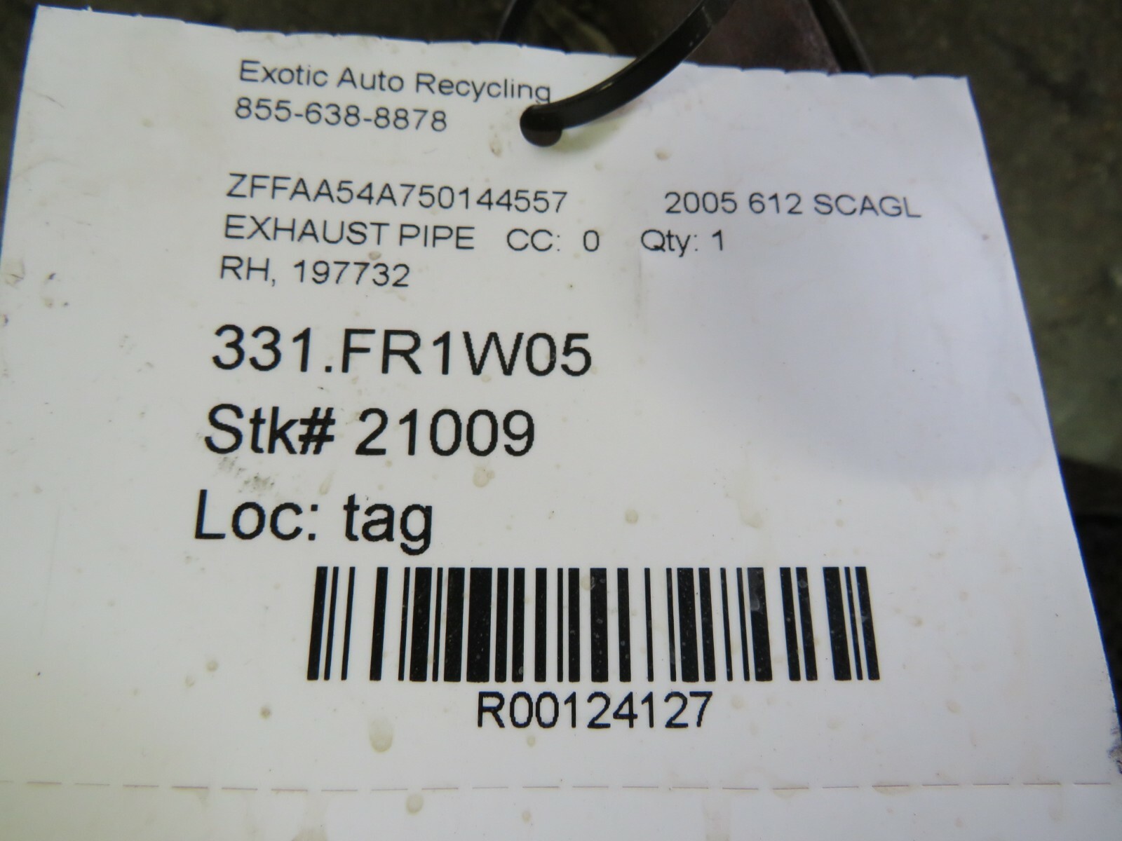 Ferrari 612 Scaglietti, RH, Right, Exhaust Pipe, Used, P/N 197732