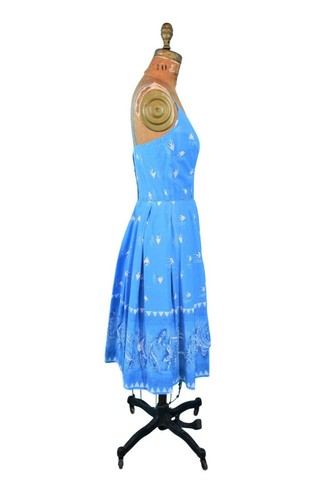 Vintage 1950s Hawaiian Dress Novelty Border Print Blue Sundress Sun Fashions - Picture 7 of 11