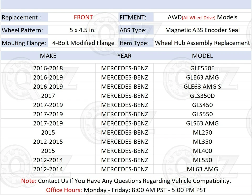 [FRONT(Qty.2)] New Wheel Hub Assembly For 2015 Mercedes-Benz ML400 AWD-Model — 第 2/4 张图片