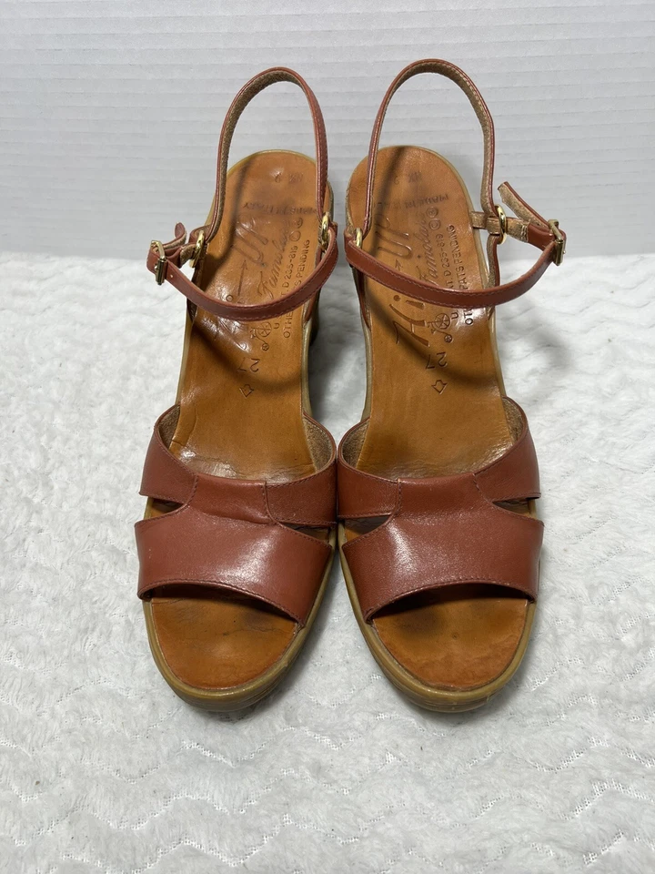 Винтажный 70-х OG FAMOLARE Hi-Up лодыжки ремень кожи женщин 6.5N высокий каблук на танкетке сандалии - Изображение 3 из 4