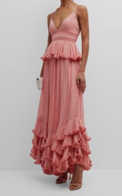 $500 Rococo Sand Womens Pink Metallic Dot Peplum Tiered Ruffle Maxi Dress Size L
