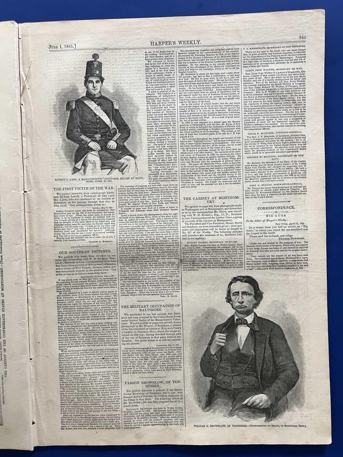 Harper's Weekly 6-1-1861 BUTLER 1st Civil War Victim CONFEDERATE CABINET ALABAMA
