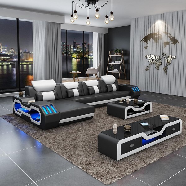 Leder Modern Couch Wohnlandschaft Ledersofa Sofagarnitur Sofa L-Form Couchtisch-image