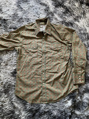 Wrangler Wrancher Shirt Mens XL Geometric Pattern Western Button Pearl Snap