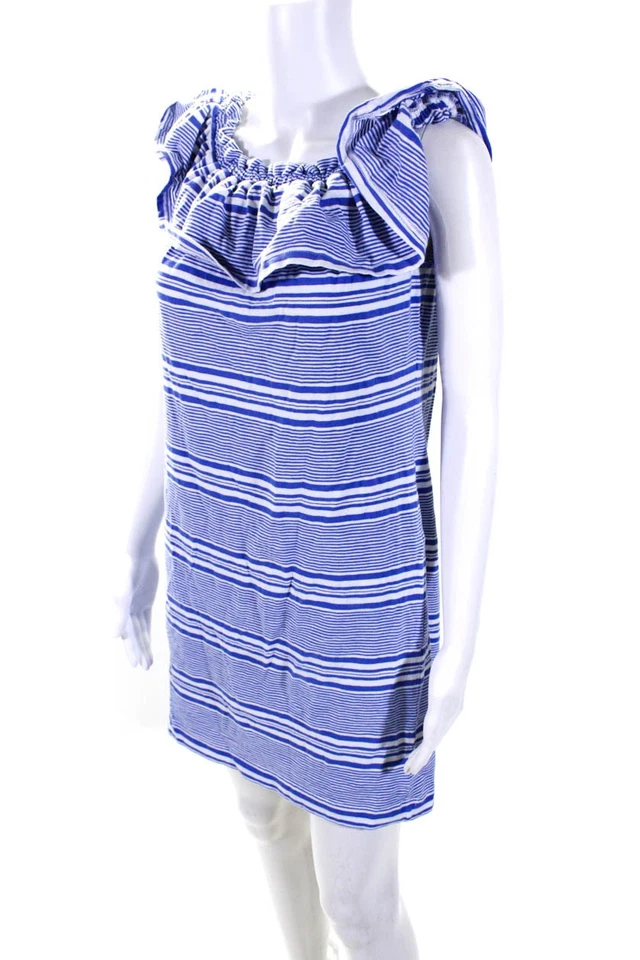 Vineyard Vines Womens Elastic Off Shoulder Ruffle Striped Dress Blue White Small - Image 2 of 4