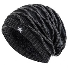 Slouchy Winter Beanie Hat Fur Lined Knitted Cap Men Women Five Star Decor Warm
