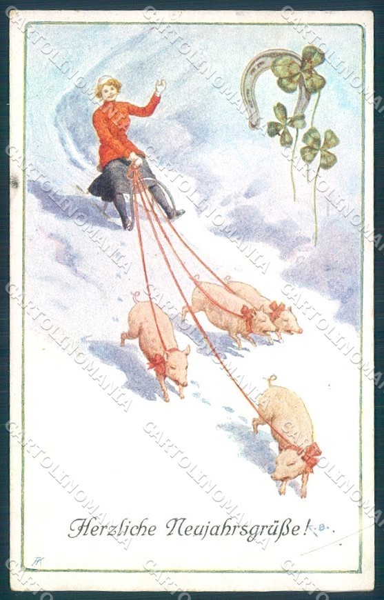 Cartolina Capodanno Maiale Lady Slitta Quattro Foglie Trifoglio Ferro di Cavallo BKWI 3181-4 TW1396