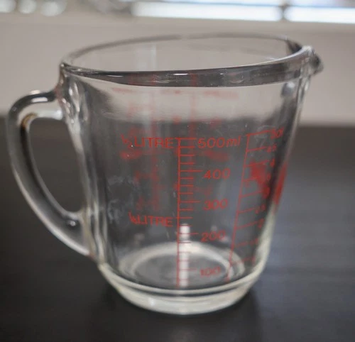 Vintage Fire King 2 Cup Glass Measuring Cup Red Graphics Anchor Hocking USA