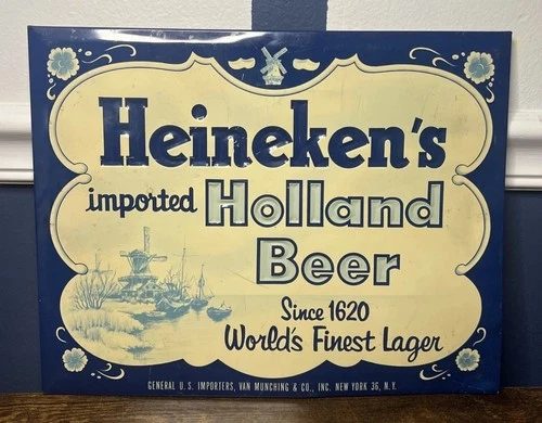 RARE Vintage Heineken's Imported Holland Beer Advertising Sign Blue & White Tin