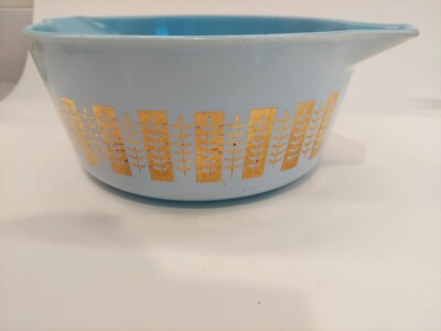 Vintage Pyrex 1961 CASSEROLE Gourmet Gold Delphite Blue 1/2 QT Round  475-B