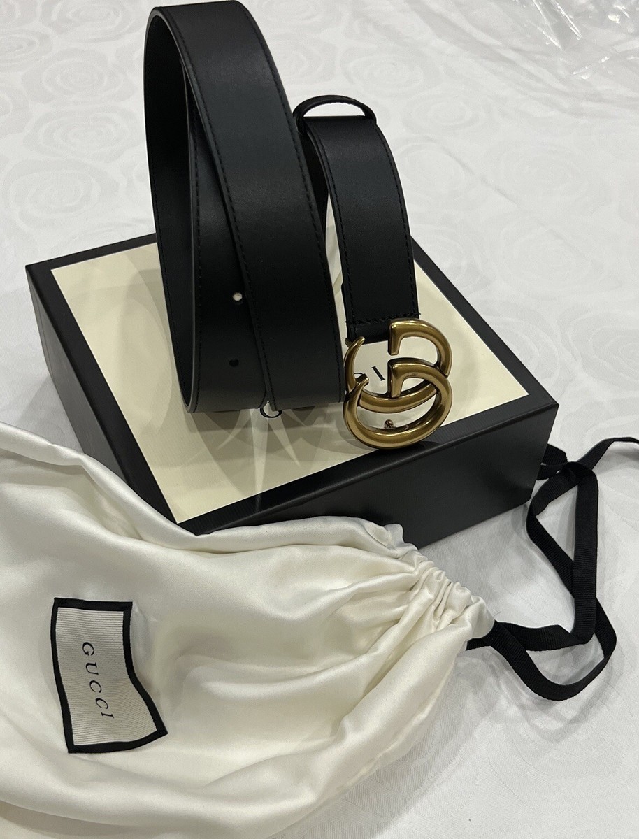 Skinny Unisex Gucci Belt GG Black Leather 1 Inch Size 85/34 For 4