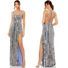 Mac Duggal 93981 Halter Neck Embellished Detailed Back Metallic Gown Indigo