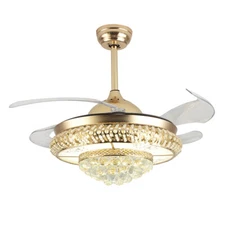 42"/36" Crystal Chandelier Invisible Ceiling Fan Light + 3-Color 3 speed Remote