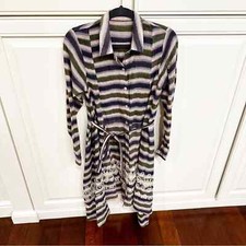 Women’s Embroidered Striped Gauzy Thin Long Sleeved Button Front Dress Duster