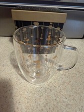 12 OZ. Double Wall Insulated Glass Coffee / Tea Mug Gold design-NEW IN GIFT BOX
