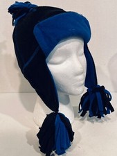 Gap Kids Blue Black Fleece Lined Trapper Style Hat Ear Flaps Pom Poms S/M