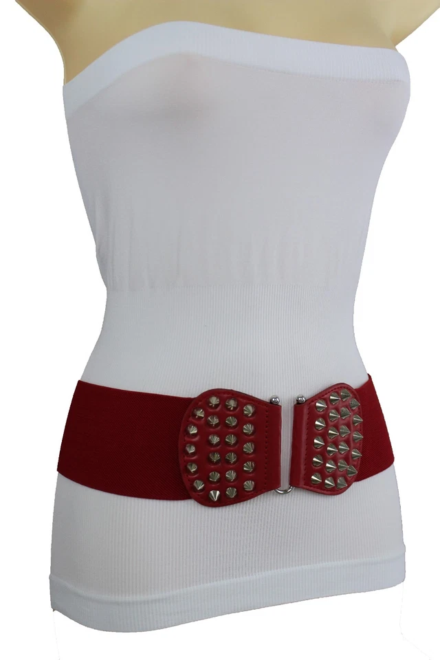 Nuevo Mujeres Moda Plateado Metal Picos Cinturón Cadera Cintura Alta Rojo Elástico Plus M L XL Foto 4 de 4