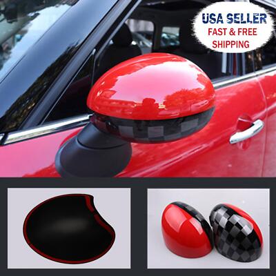 2 x  Black/Grey Checkered Red Mirror Covers Fit For MINI Cooper R55 R56 R57