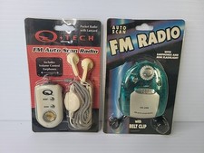 2 Vintage FM Auto Scan Radios with Earphones Q-Tech Belt Clip UNUSED 90's